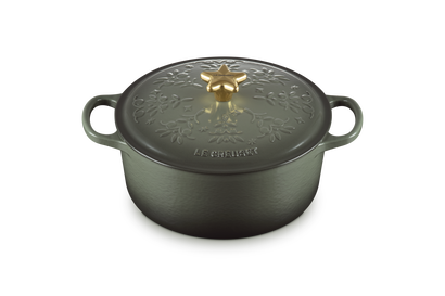 Cast Iron Christmas Round Casserole with Gold Star Knob and Tree Relief