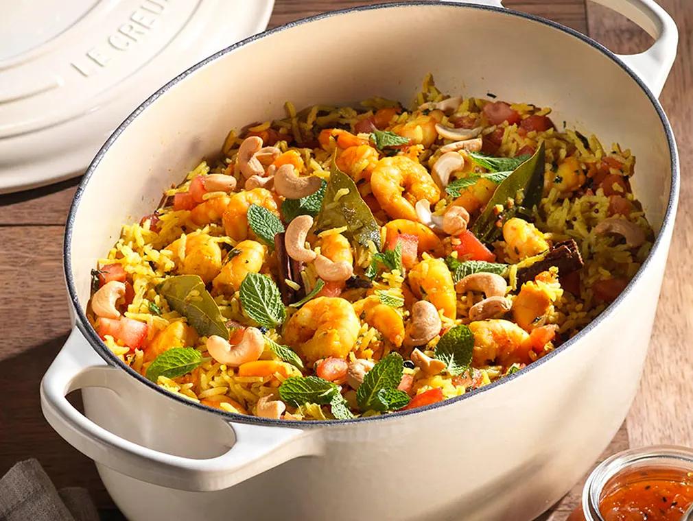 Prawn and Cardamon Biryani with Cucumber & Mint Raita