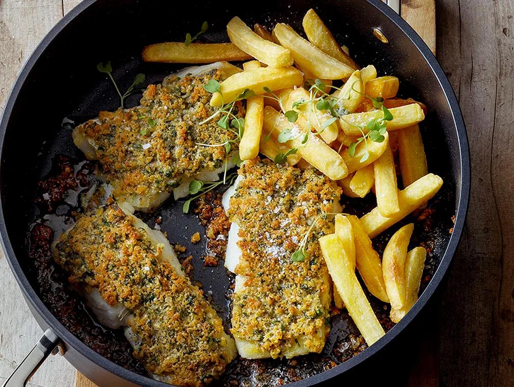 Parmesan and Herb Crusted Hake with Twice-cooked Chips