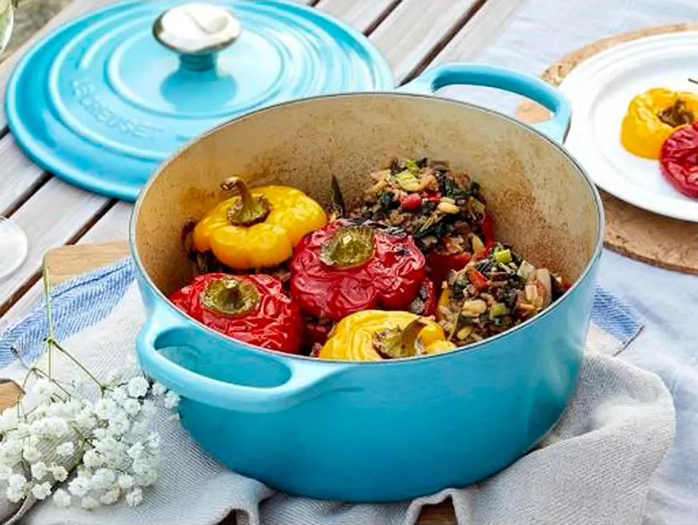 Stuffed Peppers with Rainbow Chard, Beef, Leeks, Pine Nuts & Currants