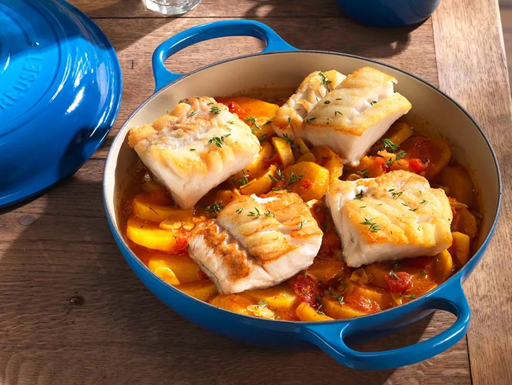 Cod baked on braised Saffron and Tomato Potatoes