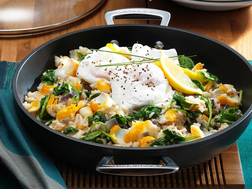 Smoked Haddock and Spinach Pilaf with Poached Eggs