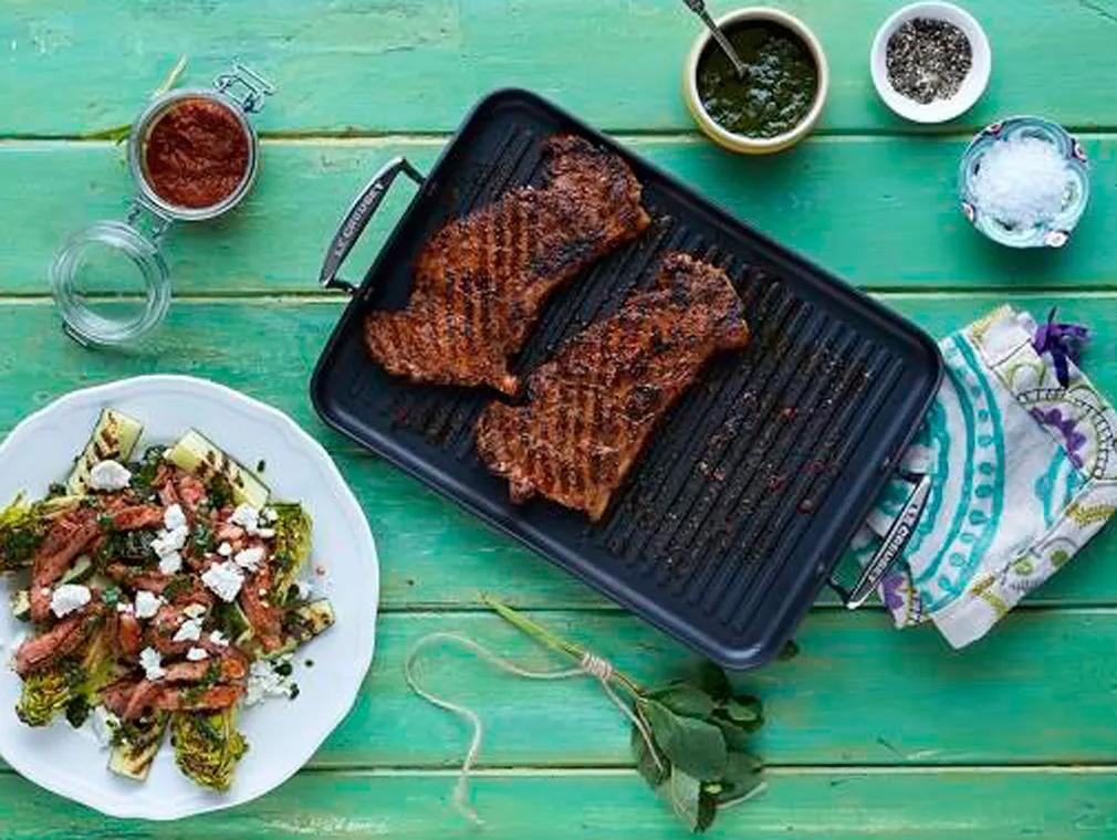 Rare Seared Sirloin Steak with Feta, Charred Lettuce & Charred Cucumber
