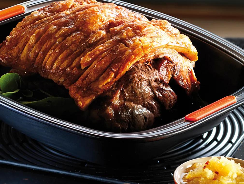 Slow-roasted Pork Shoulder with Crackling and Fresh Spiced Apple Sauce