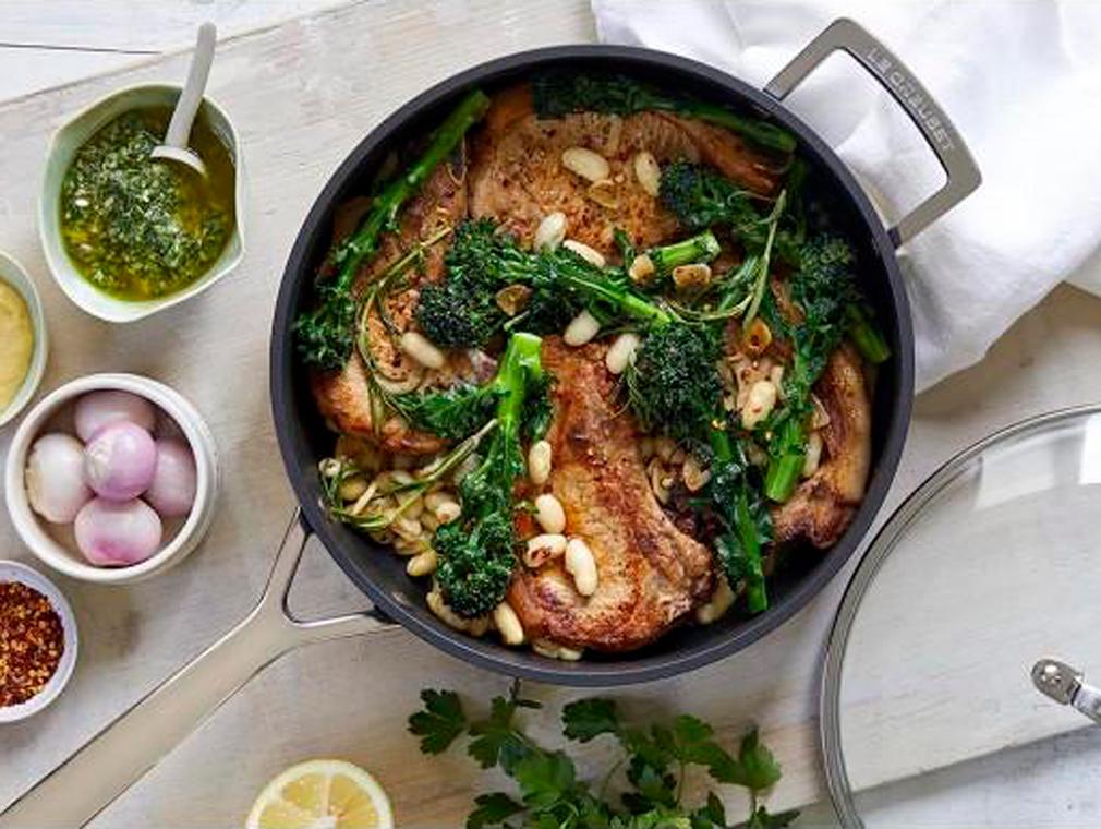 Pork Chops, Purple Sprouting Broccoli with Parsley & Anchovy Sauce