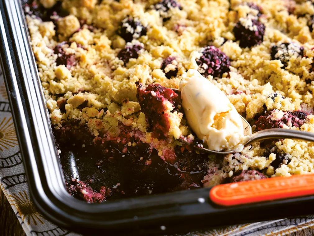 Red Fruit Crumble with Vanilla Ice Cream and Maple Syrup