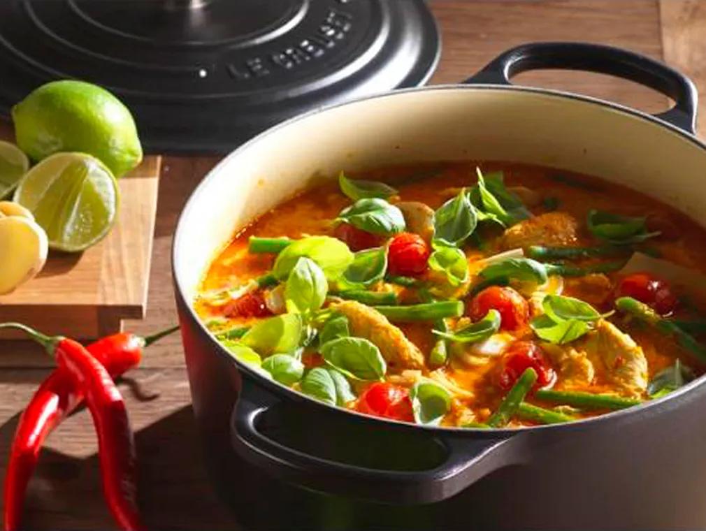Thai Red Chicken Curry with Green Beans, Cherry Tomatoes and Basil