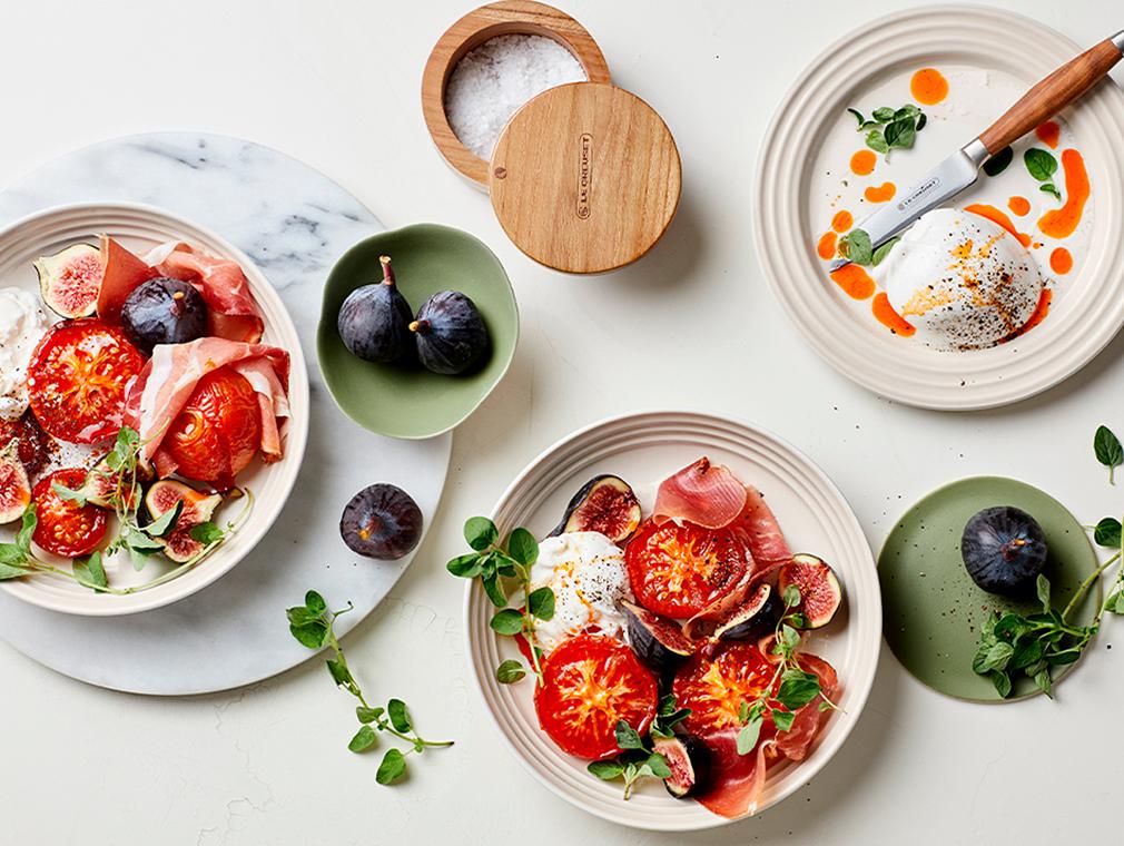 The New Caprese: Burrata Mozzarella, Figs, Roast Tomatoes And Serrano Ham
