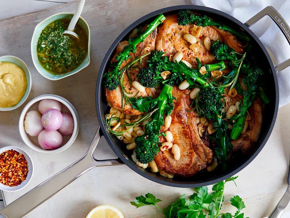 Pork Chops, Broccoli and Cannellini Beans with Parsley & Anchovy Sauce