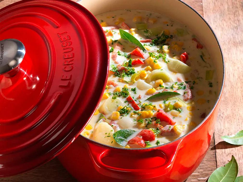 Chunky smoked bacon, potato, sweet corn and red pepper chowder