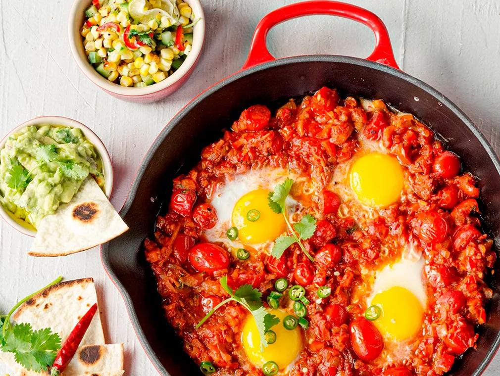 Huevos Rancheros Breakfast Bake with Avo dip and Corn Salsa
