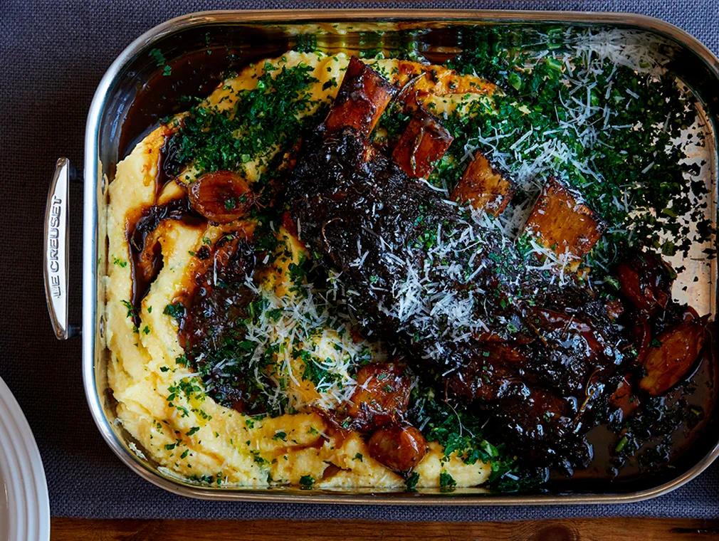 Slow-Roasted Allspice, Clove and Rosemary Short Rib With Kale Polenta