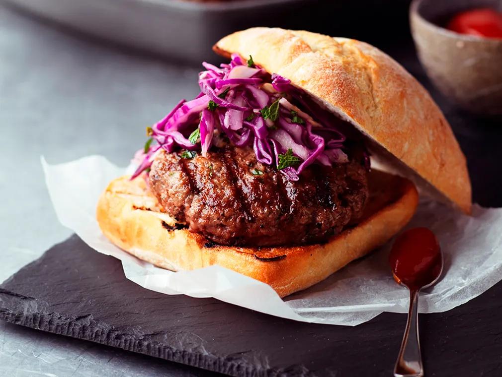 Artisan Burger with Scandinavian Cheese & Berry Stuffing & Winter Red Slaw