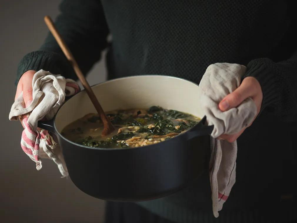 Mushroom, Kale and Spelt Broth with Parsley and Cheddar Dumplings