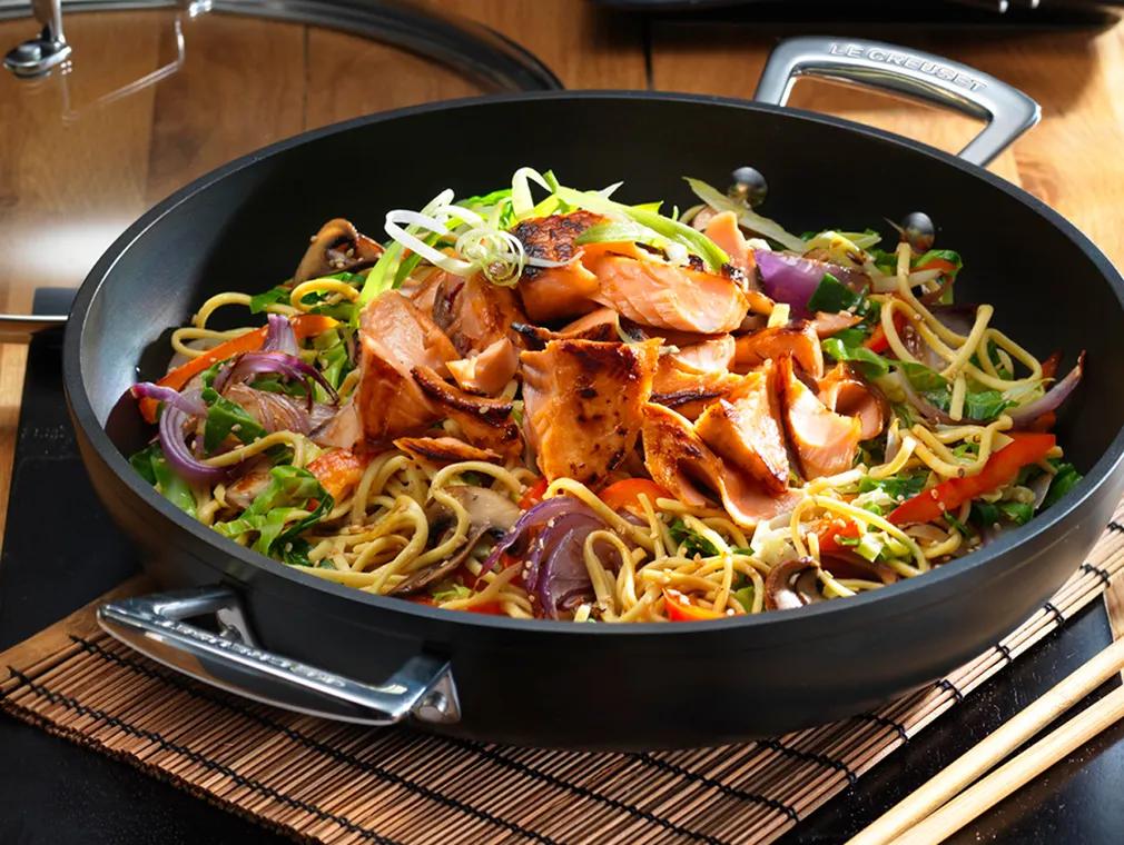 Seared Teriyaki Salmon with Stir fried Vegetables and Noodles