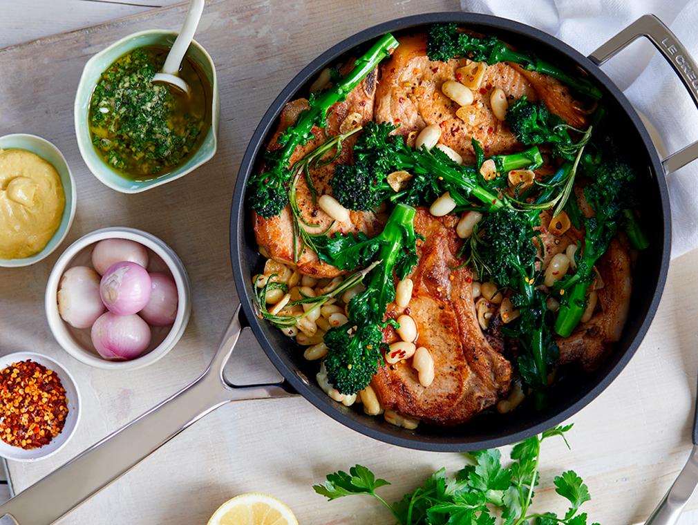Pork Chops, Broccoli and Cannellini Beans with Parsley & Anchovy Sauce
