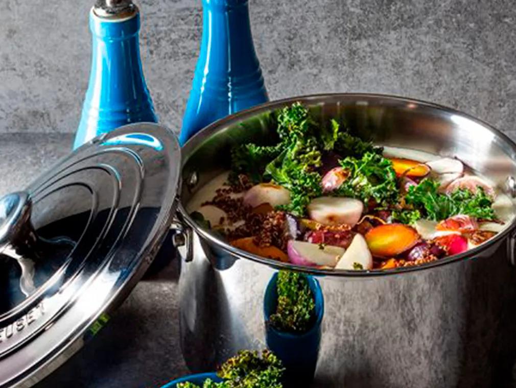 Chunky Roast Baby Root Vegetable Soup With Crispy Kale Chips And Red Quinoa