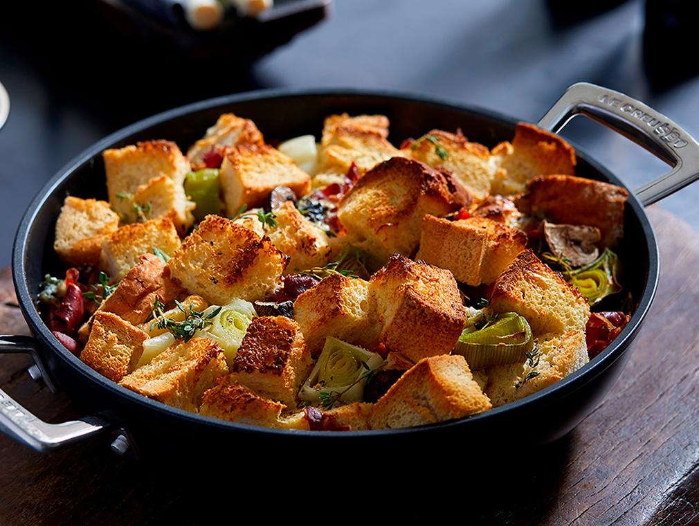 Savoury Bread And Butter Pudding With Blue Cheese Serrano Ham And Leeks