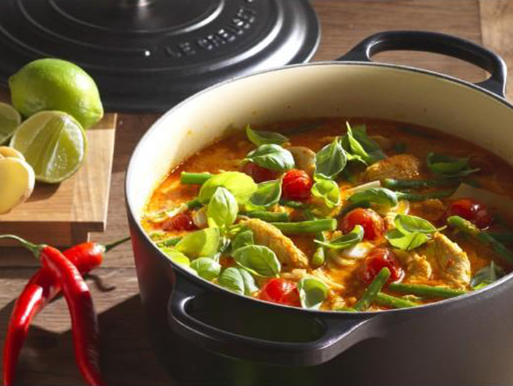 Thai Red Chicken Curry with Green Beans Cherry Tomatoes and Basil Le Creuset UK