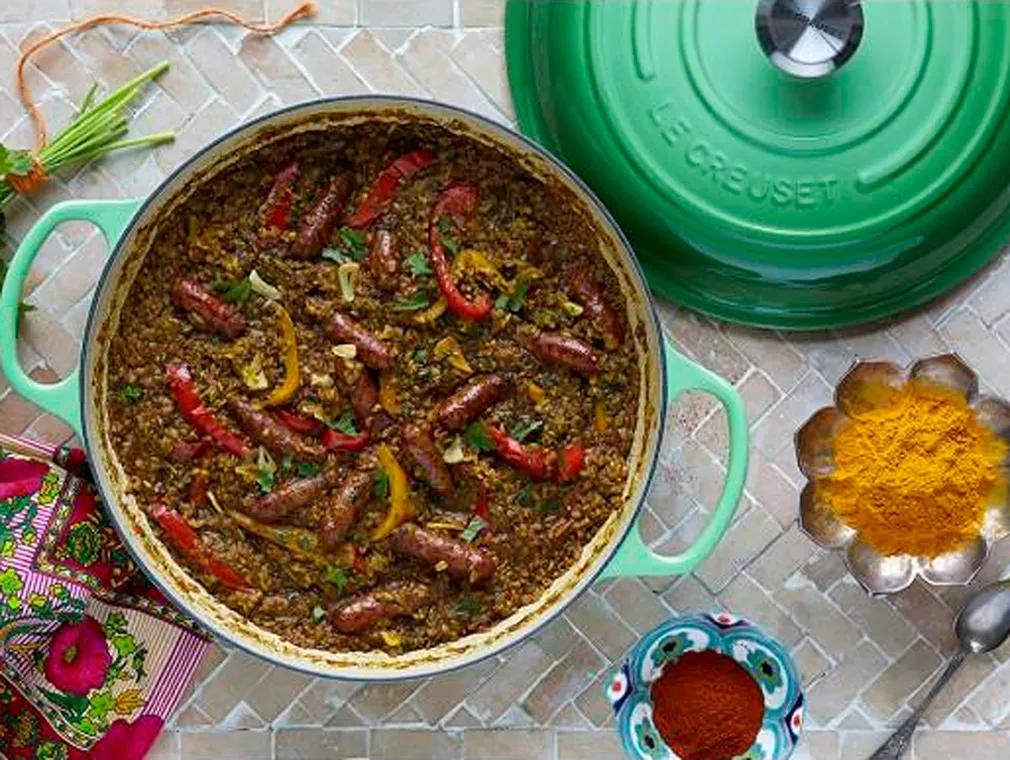 Freekeh Pilaff with Merguez Sausages