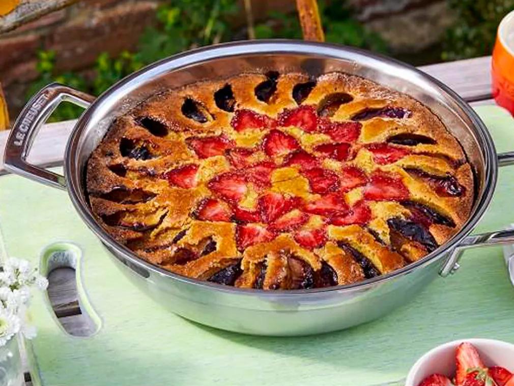 Plum, Strawberry & Pistachio Polenta Cake